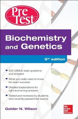 Paperback book titled "Biochemistry and Genetics Pretest Self-Assessment and Review 5th Edition" by McGraw Hill Medical.