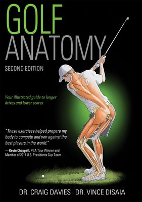 Paperback Golf Anatomy book by Human Kinetics Publishers, showing detailed illustrations of golf swing muscles and body mechanics.