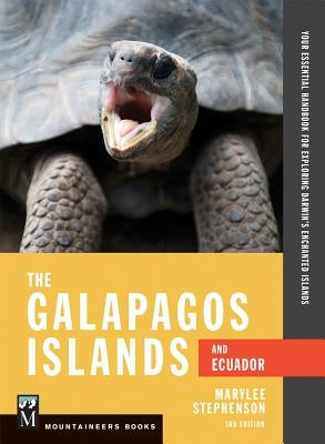 Paperback guidebook titled "The Galapagos Islands and Ecuador" by Mountaineers Books, featuring the cover with scenic island imagery.