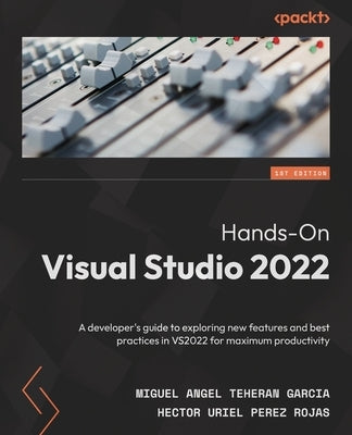 Paperback book titled "Hands-On Visual Studio 2022" by Packt Publishing, showing the cover with developer-focused content and colorful design.