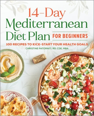 Paperback book titled "The 14-Day Mediterranean Diet Plan for Beginners" by Rockridge Press, featuring colorful recipe illustrations.