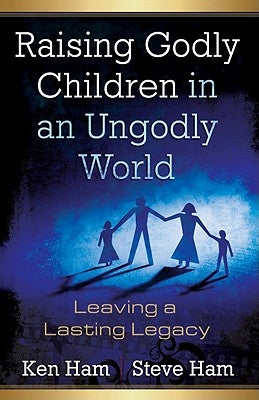 Paperback book titled "Raising Godly Children in an Ungodly World" by Master Books, featuring a colorful cover with a family illustration.
