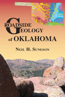 Detailed close-up of a geological map from the Roadside Geology of Oklahoma by Mountain Press, showing rock formations and terrain details.