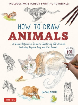 Paperback "How to Draw Animals" guide by Tuttle Publishing featuring illustrations of 100 animals, including dogs and cats.