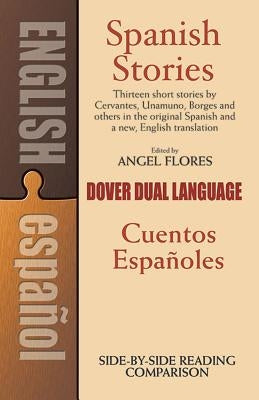 Open dual-language Spanish stories book by Dover Publications showing colorful illustrated pages for language learning