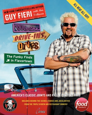 Paperback book titled "Diners, Drive-Ins, and Dives: The Funky Finds in Flavortown" showcasing colorful cover art with food images.