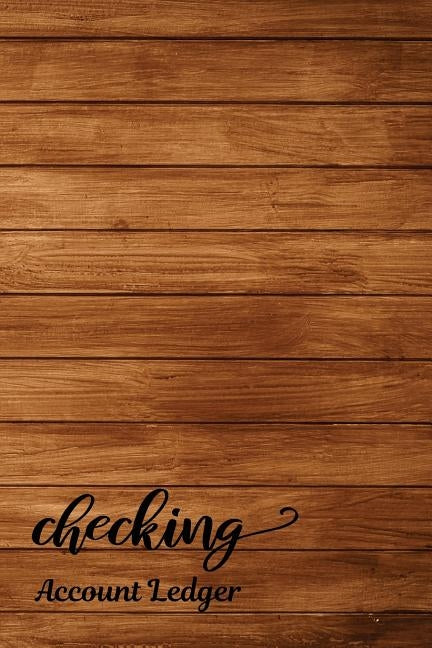 Open paperback checking account ledger with 6 columns, vintage wooden background, designed for personal financial record tracking.