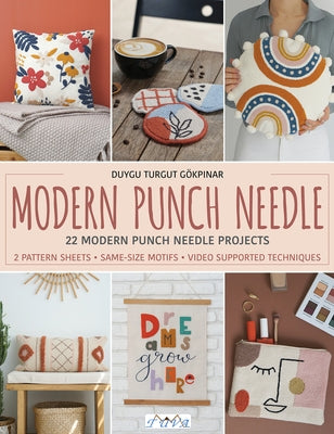 Open paperback of Modern Punch Needle book by Tuva Publishing showing colorful punch needle project samples on the cover.