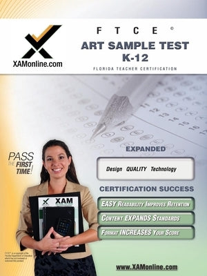Paperback FTCE Art Sample Test Study Guide for K-12 teacher certification by Xamonline.com, showing the cover and sample pages